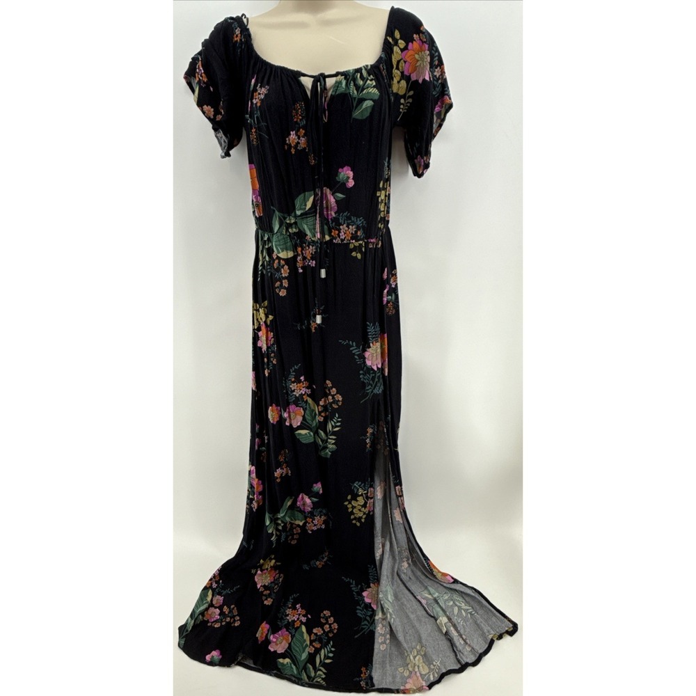 Love Stitch Maxi Dress Black‎ Floral Print Keyhole Top Womens Small